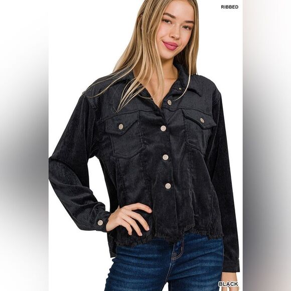 ZENANA DAYNA CORDUROY CROPPED JACKET LARGE Black - Picture 3 of 16